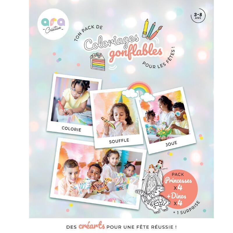 Pack Anniversaire mixte - x8 (princesses & dinosaures) Coloriages Gonflables Ara-Créative