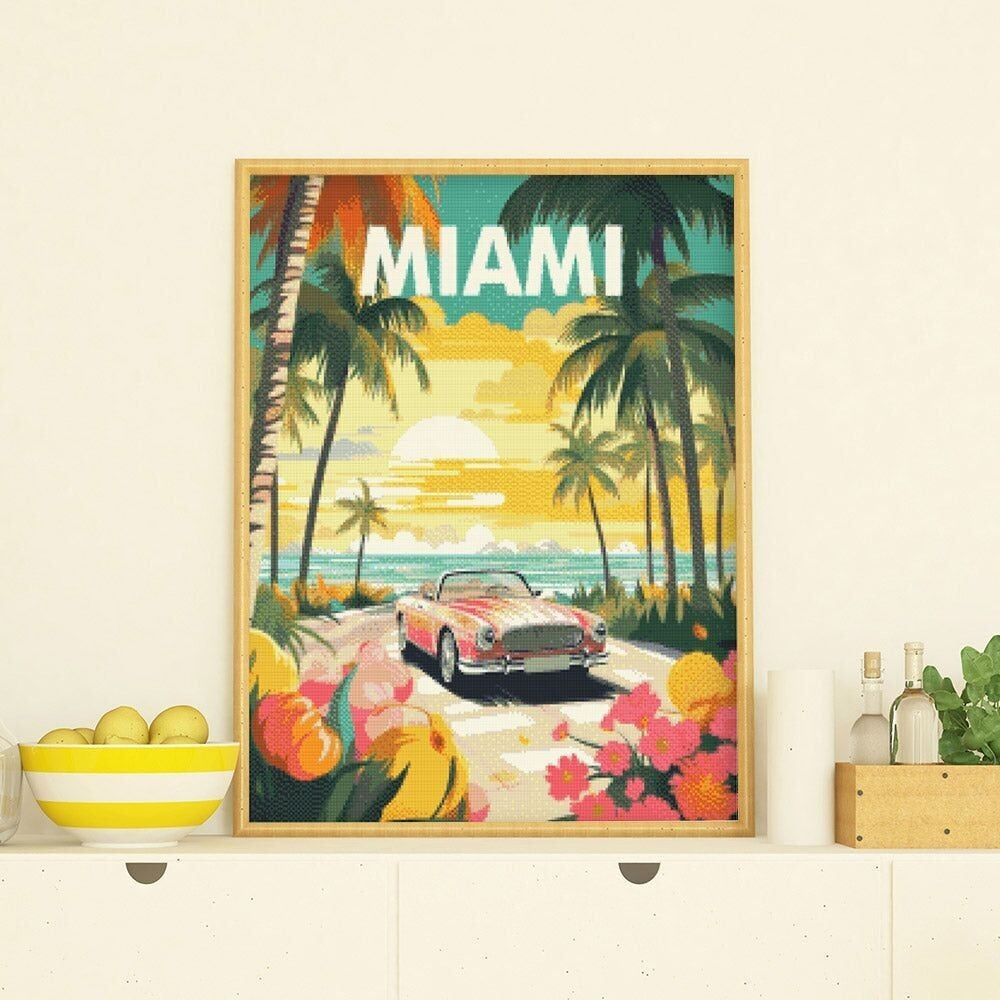 Broderie Diamant – Affiche de Voyage Miami au Coucher du Soleil | Kit Complet 40x50 cm Figured'art