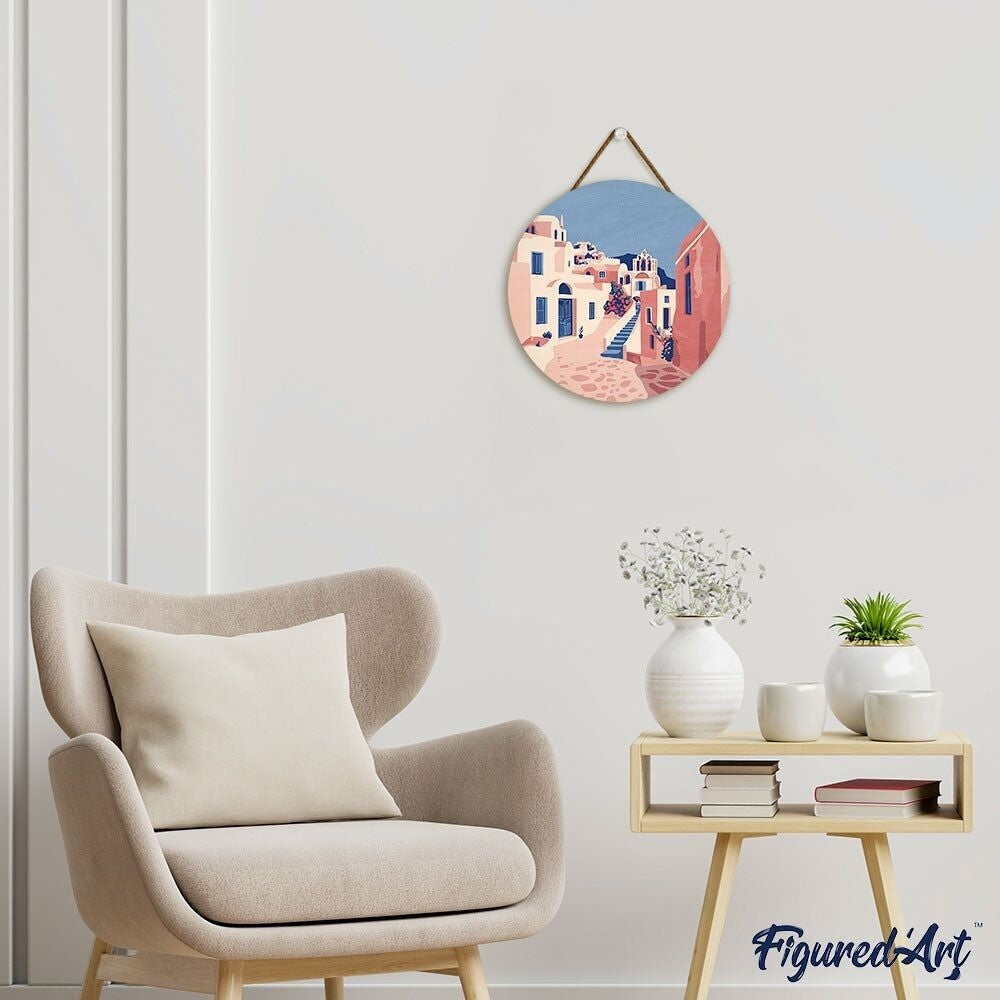 Peinture par Numéro – Santorin 30cm sur disque bois | Kit DIY Figured'art