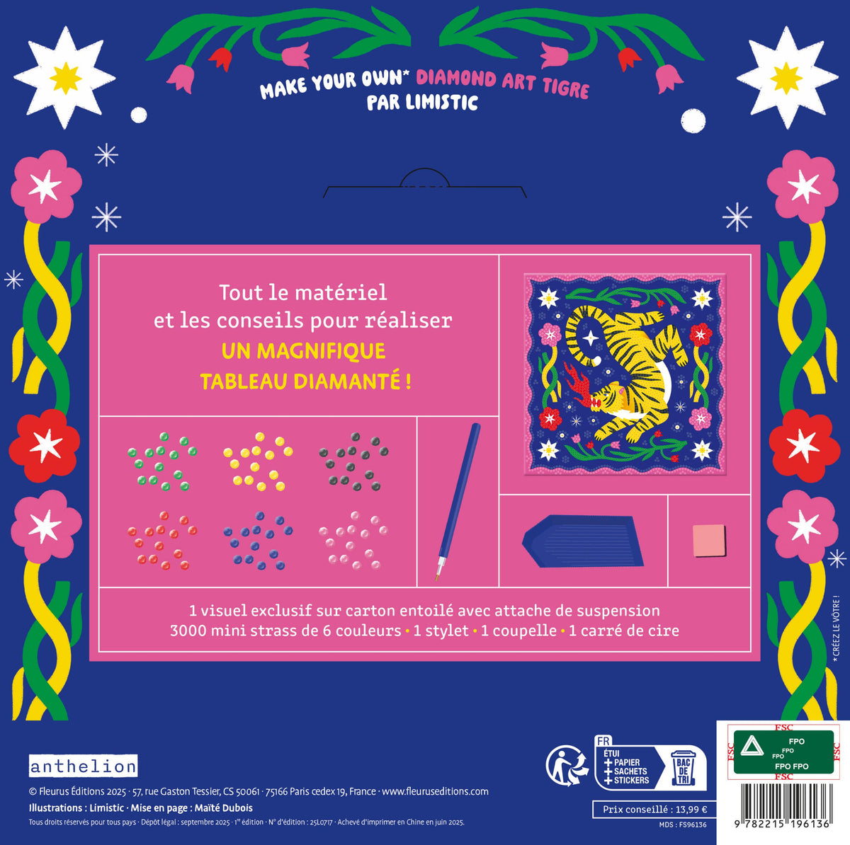 Six couleurs de mini strass incluses dans le kit Diamond Art Limistic
