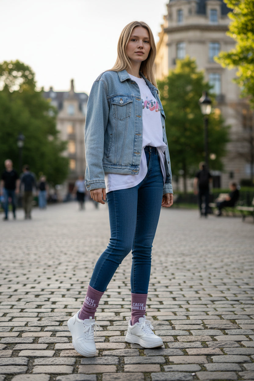 Chaussettes CASSE COUILLE Mauve à Paillettes – Message Fun (36-42) JOY!