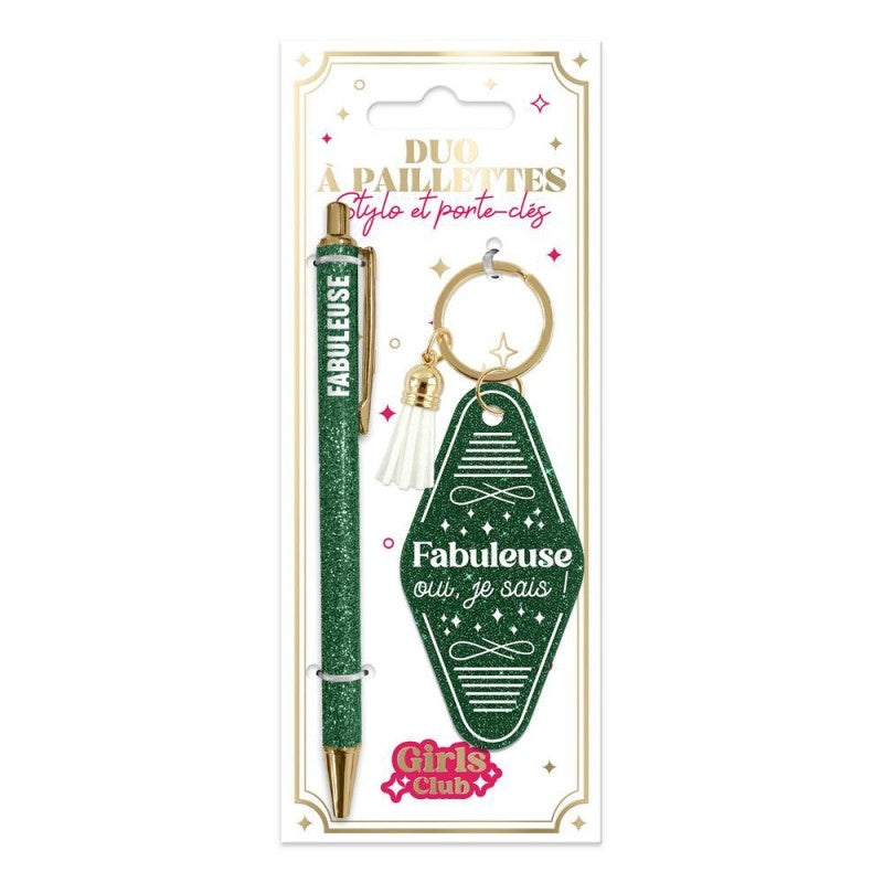 Duo Paillettes Fabuleuse – Stylo & Porte-Clés Cadeau Femme JOY!