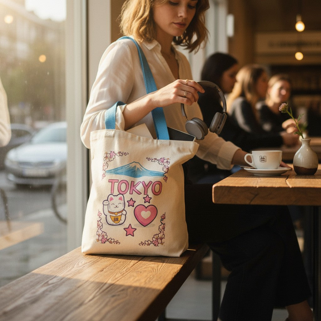 Sac Tote Bag Tokyo Japon Kawaï – Mont Fuji & Maneki Neko – Sac en tissu coton avec fermeture éclair MINISUKI