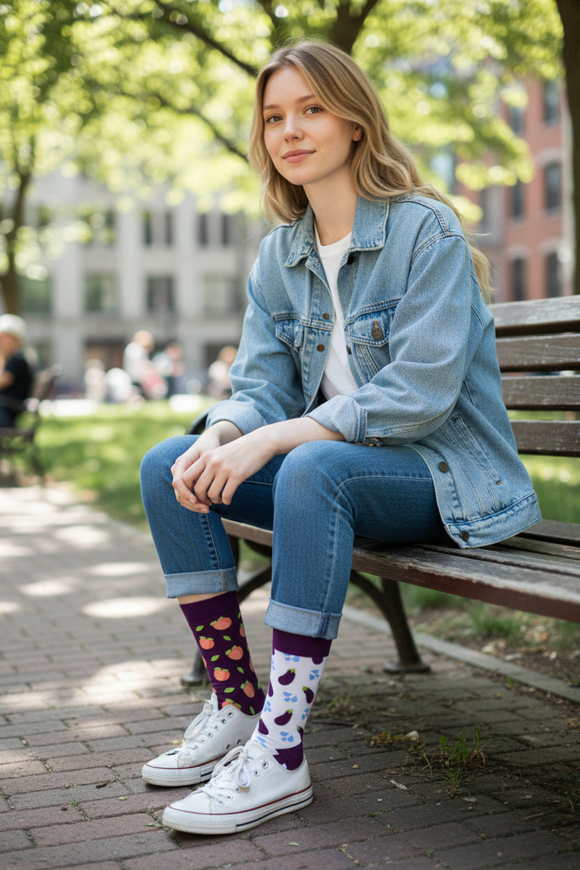 Chaussettes Humoristiques Pêche / Aubergine – Plats & Boissons Mythiques JOY!