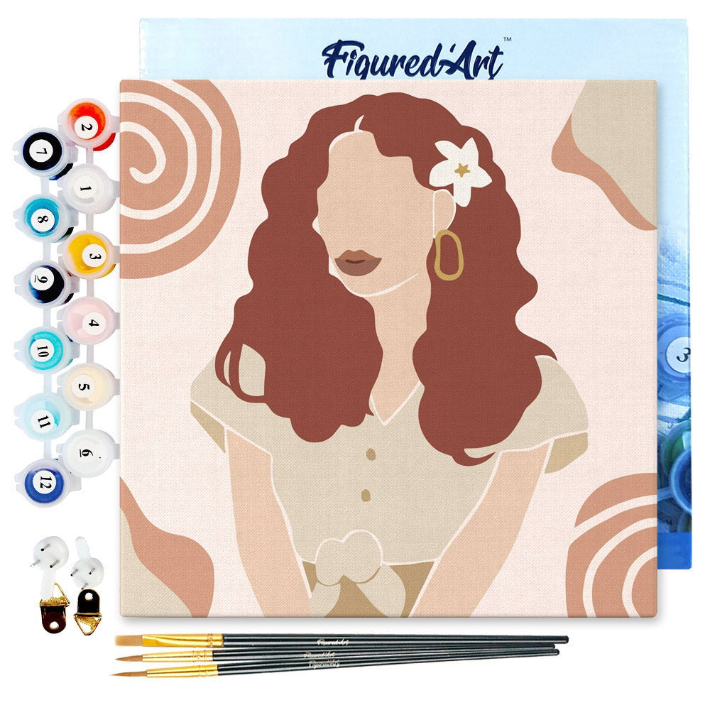 Mini Peinture par Numéros - Kit DIY 20x20cm avec cadre Femme et Fleur dans les Cheveux Figured'art