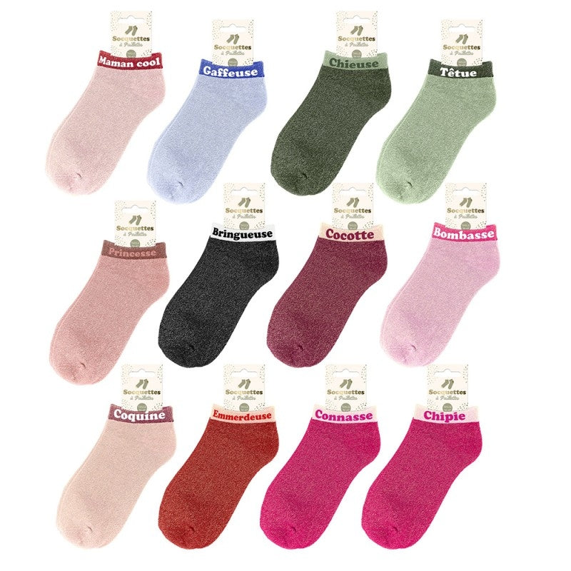 Socquettes Pailletées Colorées à Mot Fantaisie – Taille Unique 36/42 JOY!
