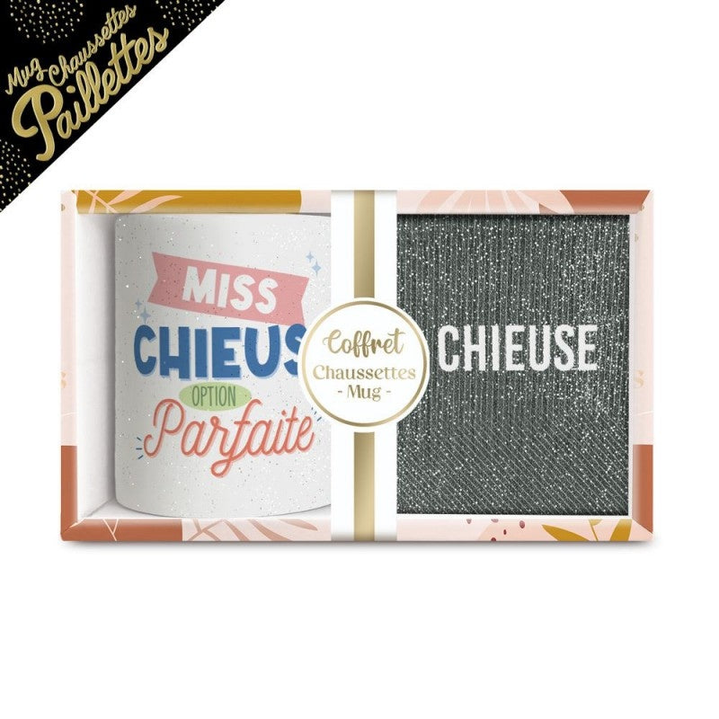 Coffret Cadeau Mug & Chaussettes – Miss Chieuse Option Parfaite | Paillettes JOY!