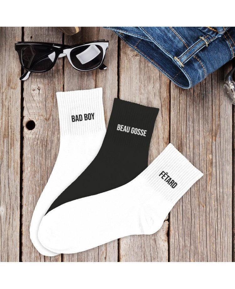Coffret Trio Chaussettes Homme Fantaisie – Bad Boy, Beau Gosse, Fêtard | Taille 39/45 JOY!