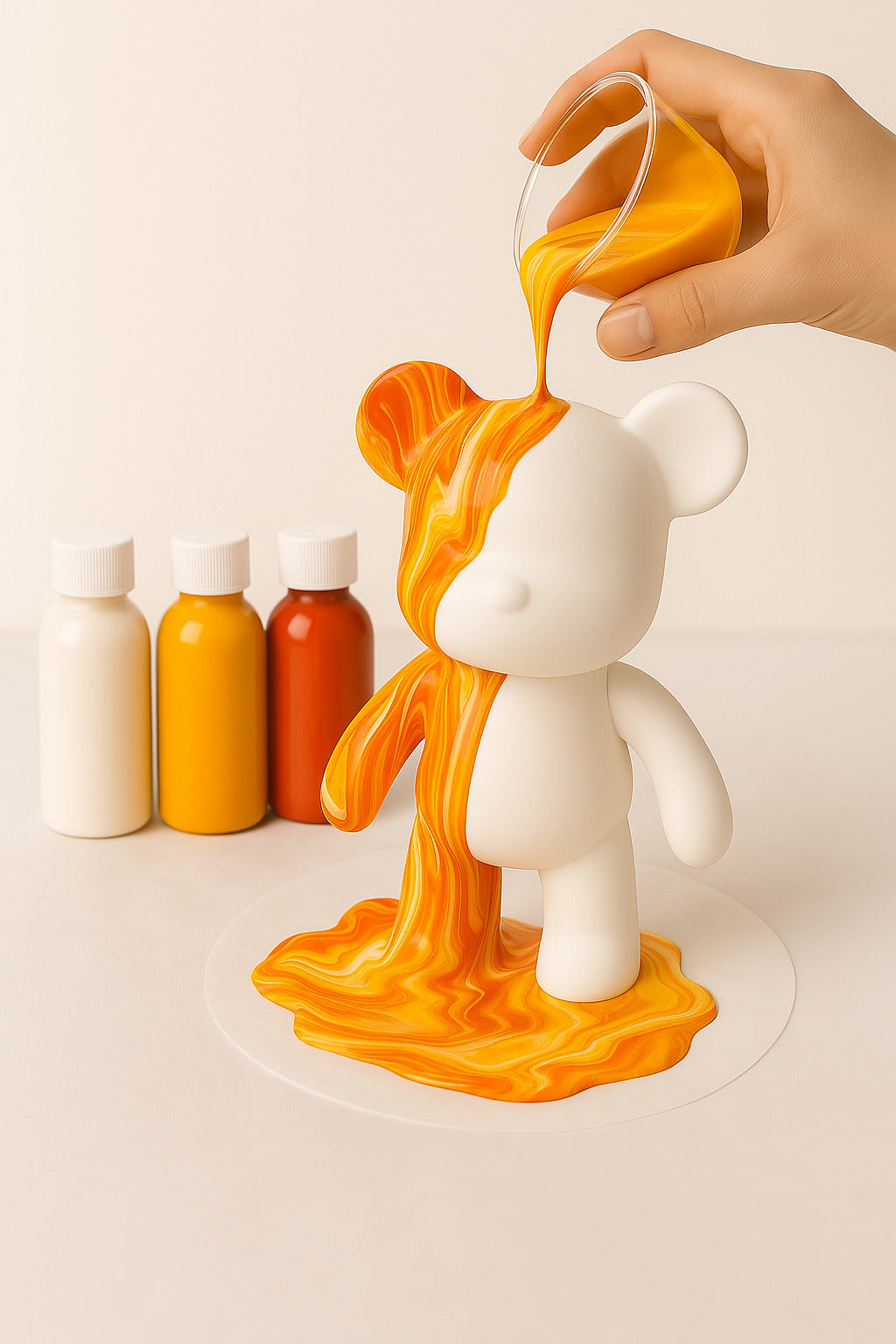Kit de peinture pouring fluide art - Ours Teddy Bear Orange/Jaune/Blanc JOY!