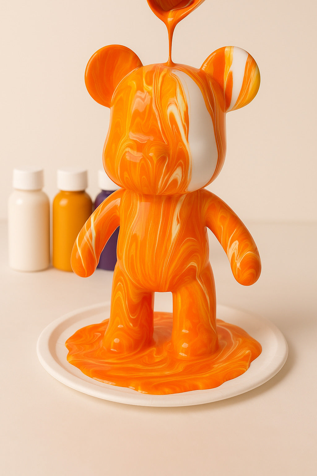 Kit de peinture pouring fluide art - Ours Teddy Bear Orange/Jaune/Blanc JOY!