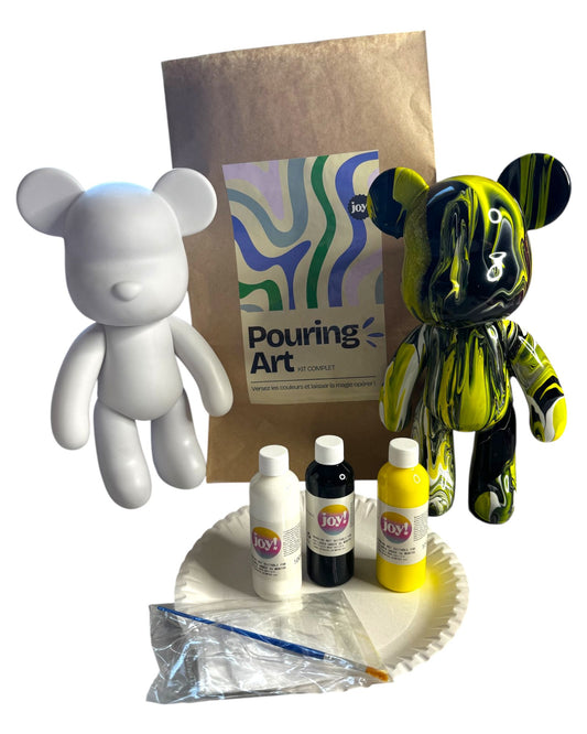Kit DIY Pouring Art Ours 33 cm – Crée ton œuvre d’art à la maison (Noir / Jaune / Blanc) JOY!