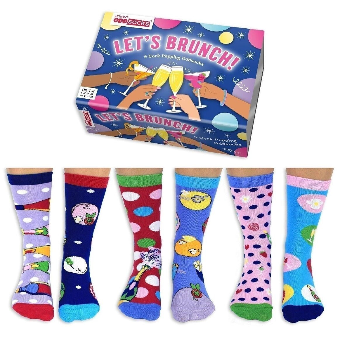 Brunchons Socken Geschenkset. 6 lustige Socken mit ungeraden Nummern von United Oddsocks, Damengröße 37-42. Originelle Geschenkidee für Brunch, Cocktails und Geburtstage.