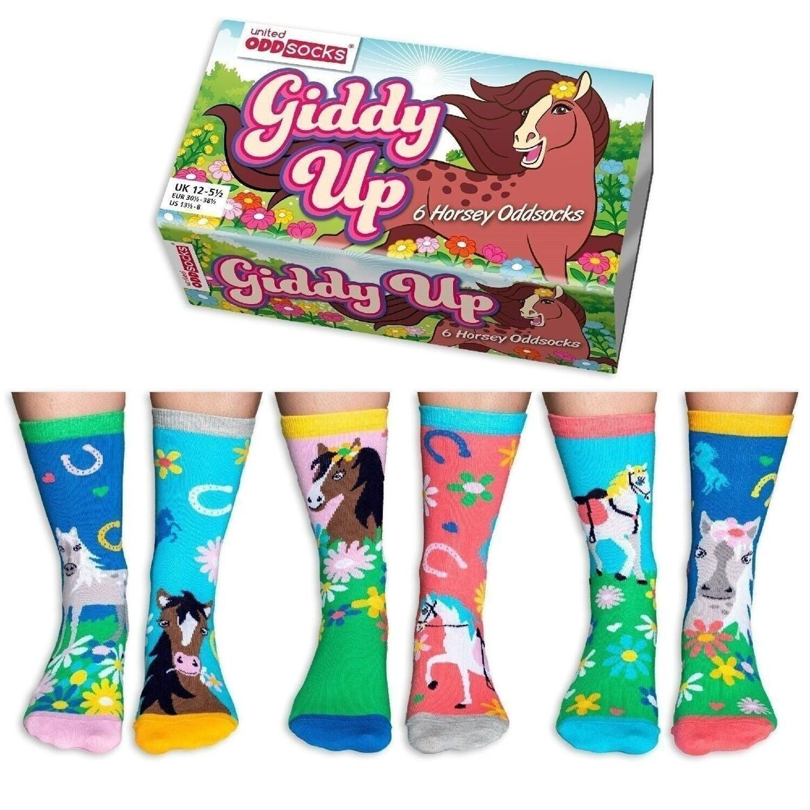 Pferdesocken-Box-Set – 6 lustige, ungleiche Socken | United Oddsocks Dizzy