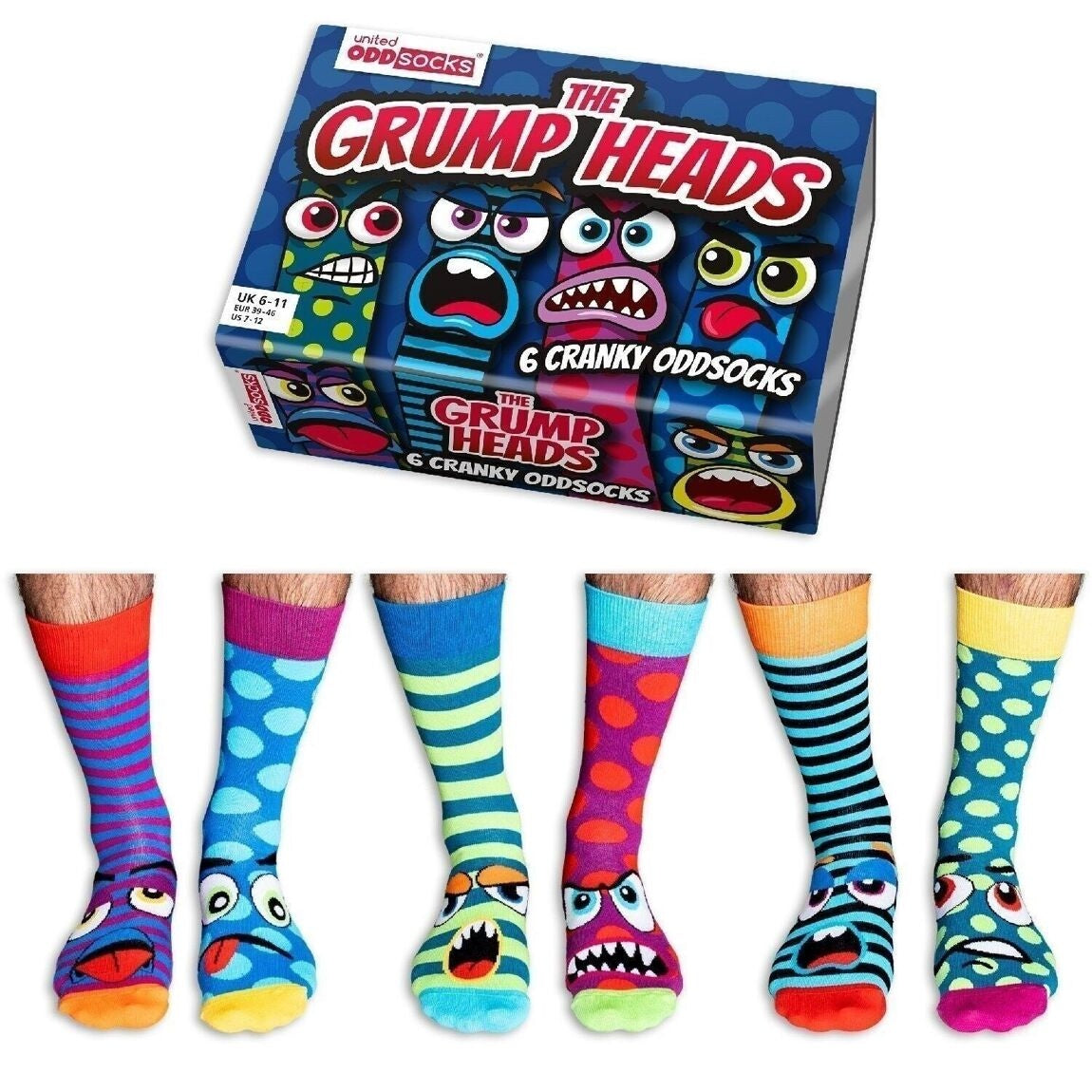 THE GRUMPHEADS | Geschenkbox mit 6 lustigen Socken – United Oddsocks | Größe 39-46