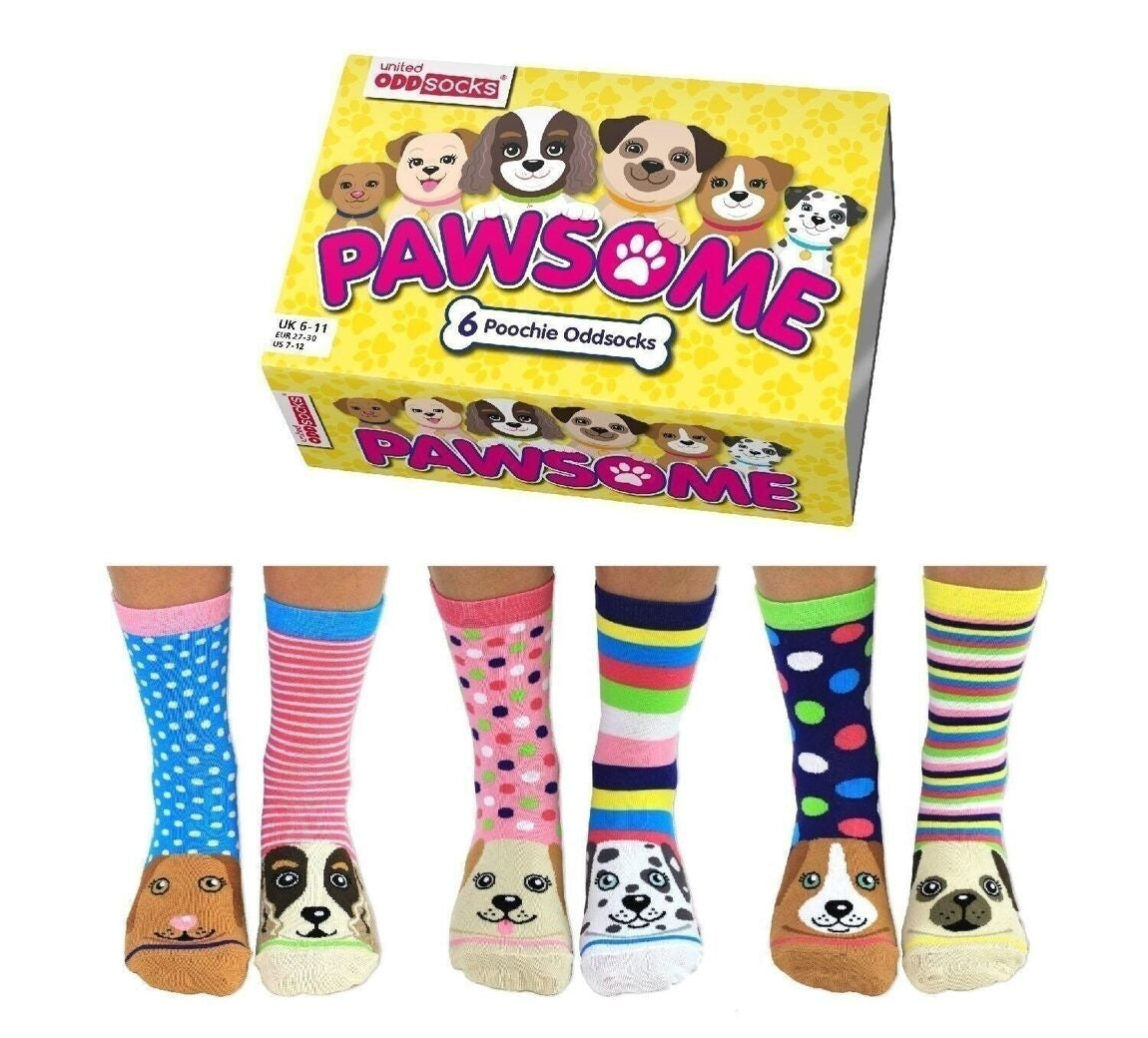 Damen-Geschenkbox – 6 verschiedene Hundesocken | United Oddsocks Pawome | Größe 37-42