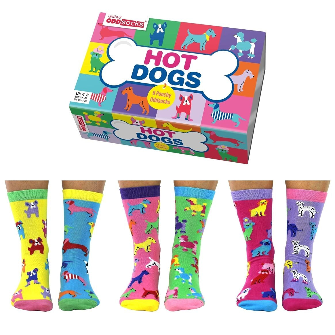 Hot Dog Socken Geschenkset. 6 ungerade, nicht zusammenpassende Socken von United Oddsocks. Damengrößen 6-12. Lustige und originelle Geschenkidee.