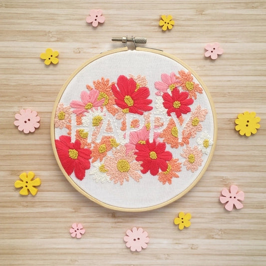 Kit de Broderie Florale – Happy | Kit DIY avec Cerceau Incl Cinnamon
