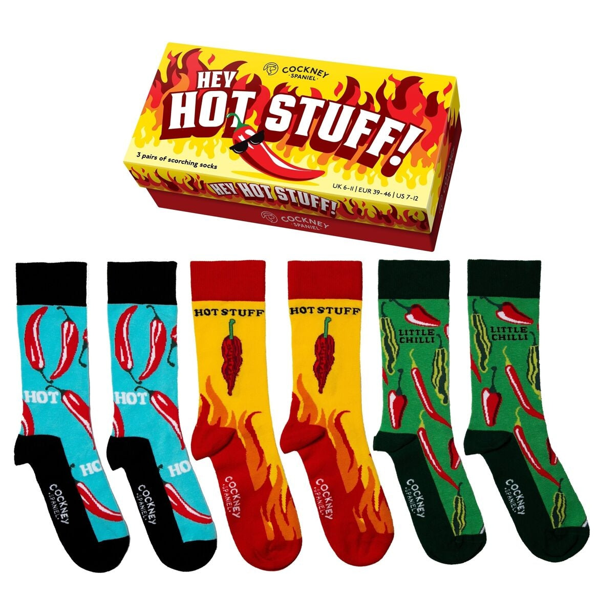 HEY HOT STUFF | 3er-Set rote Herrensocken – Cockney Spaniel | Größe 39-46