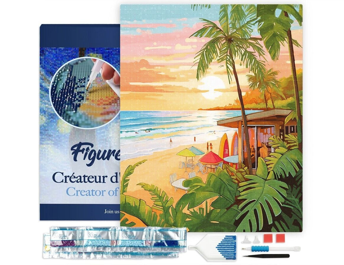 Broderie Diamant – Club de surf 40x50 cm | Toile tendue sur châssis bois – Kit complet Figured'art