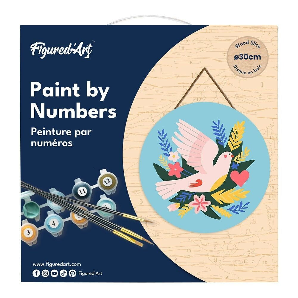 Peinture par Numéro – Oiseau & fleurs sur disque bois 30cm | Kit DIY Figured'art