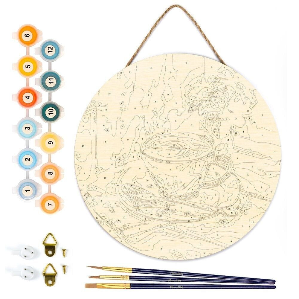 Peinture par Numéro sur Disque en Bois – Café du matin | Kit Créatif DIY Décoration Murale