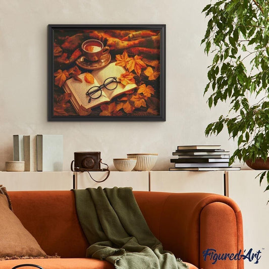 Broderie Diamant 40x50cm – Thé et Livre en Automne | Kit Diamond Painting complet sur châssis Figured'art