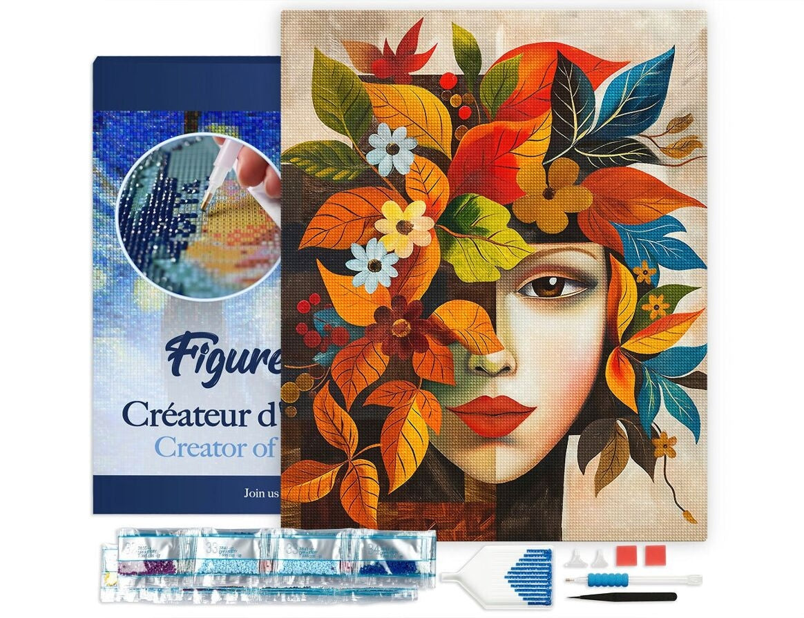 Broderie Diamant 40x50cm – Visage Floral d’Automne inspiré de Picasso | Kit Diamond Painting complet sur châssis Figured'art