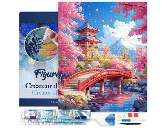Broderie Diamant 40x50cm – Pont Rouge et Cerisiers en Fleurs | Kit Diamond Painting complet sur châssis Figured'art