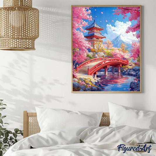 Broderie Diamant 40x50cm – Pont Rouge et Cerisiers en Fleurs | Kit Diamond Painting complet sur châssis Figured'art