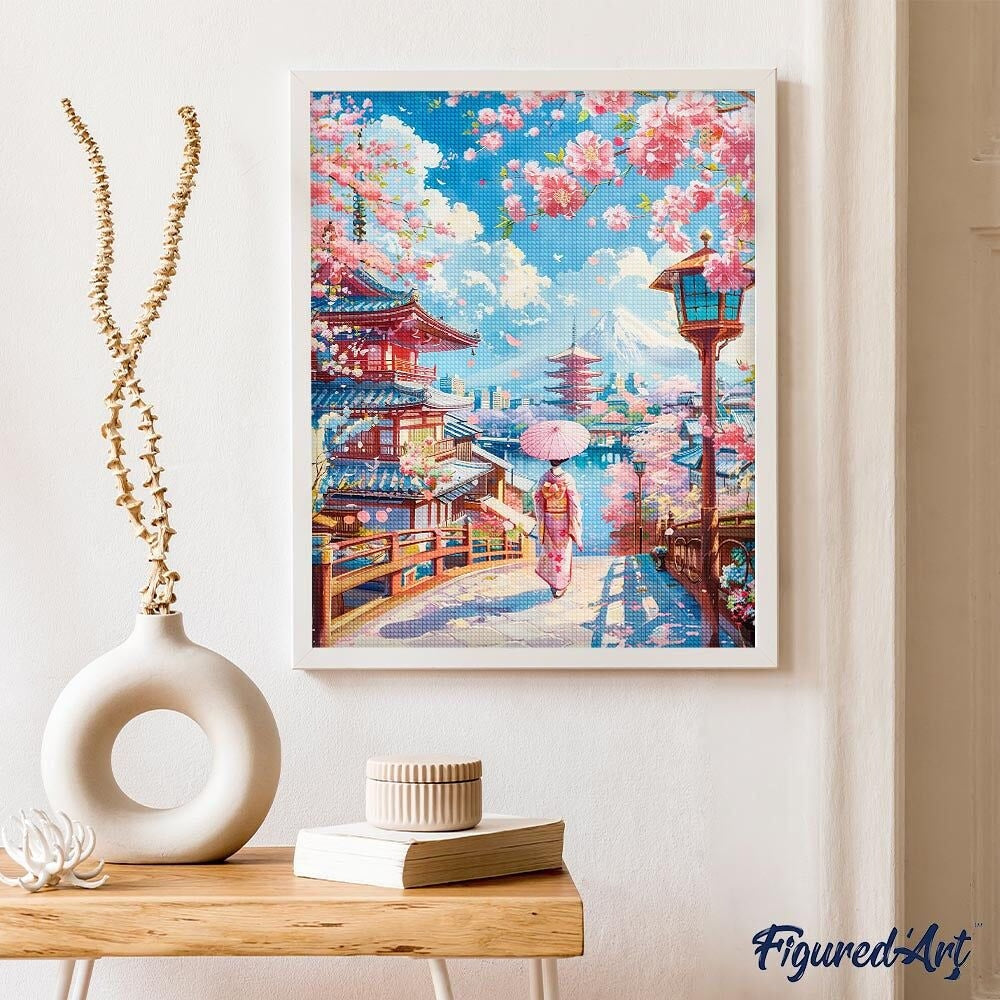 Broderie Diamant 40x50cm – Route des Cerisiers en Fleurs vers la Pagode | Kit Diamond Painting complet sur châssis Figured'art
