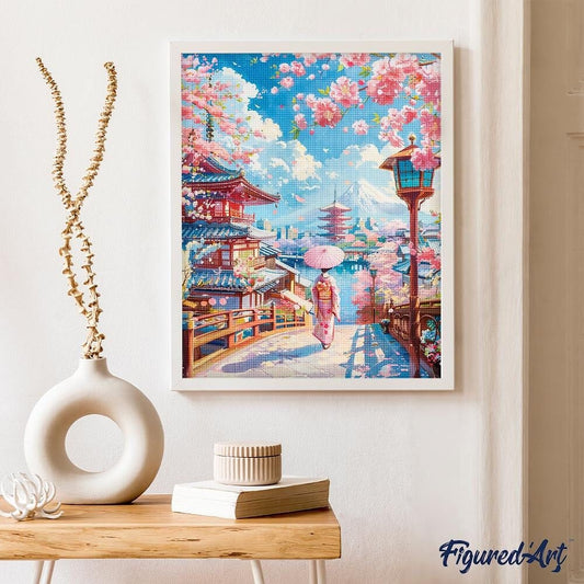 Broderie Diamant 40x50cm – Route des Cerisiers en Fleurs vers la Pagode | Kit Diamond Painting complet sur châssis Figured'art