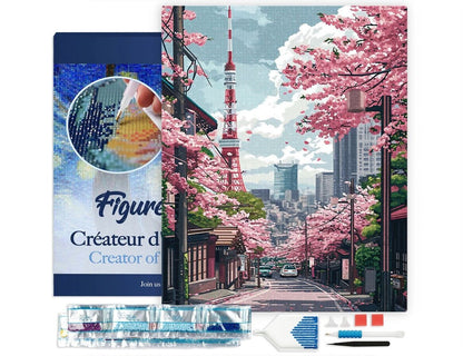 Broderie Diamant 40x50cm – Rue des Cerisiers en Fleurs à Tokyo | Kit Diamond Painting complet sur châssis Figured'art