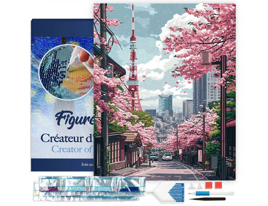 Broderie Diamant 40x50cm – Rue des Cerisiers en Fleurs à Tokyo | Kit Diamond Painting complet sur châssis Figured'art