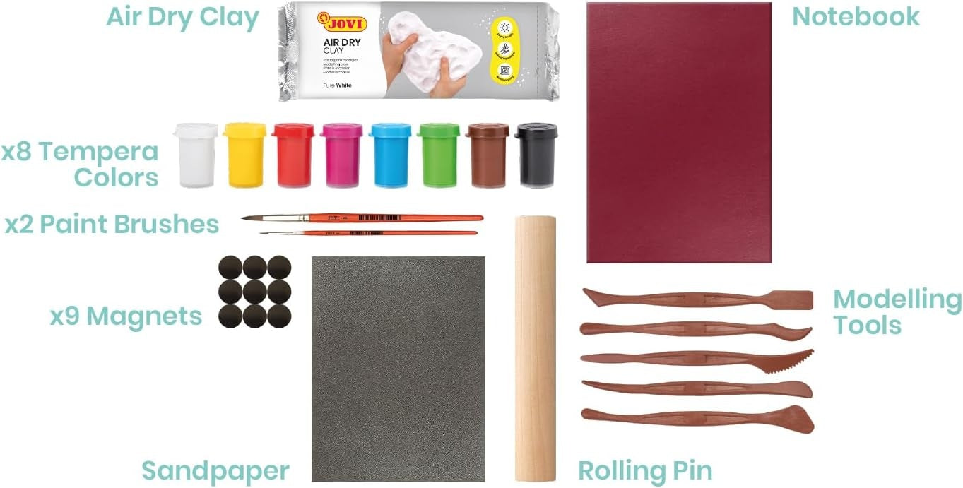 Jovi - DIY Air Dry Magnets | Kit créatif pour fabriquer 9 aimants en argile autodurcissante + peintures & outils