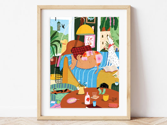Scène intérieure avec plantes et objets colorés à peindre.