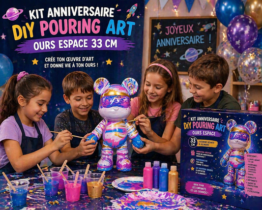 Kit Anniversaire DIY Pouring Art Ours Espace 33 cm – Figurine Géante à Peindre (Lot de 4 à 12) JOY!