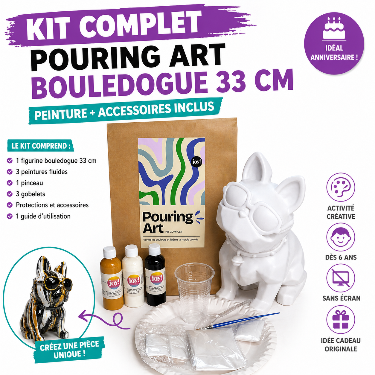 Kit Anniversaire DIY Pouring Art Bouledogue 33 cm – Figurine Géante à Peindre (Lot de 4 à 14) JOY!