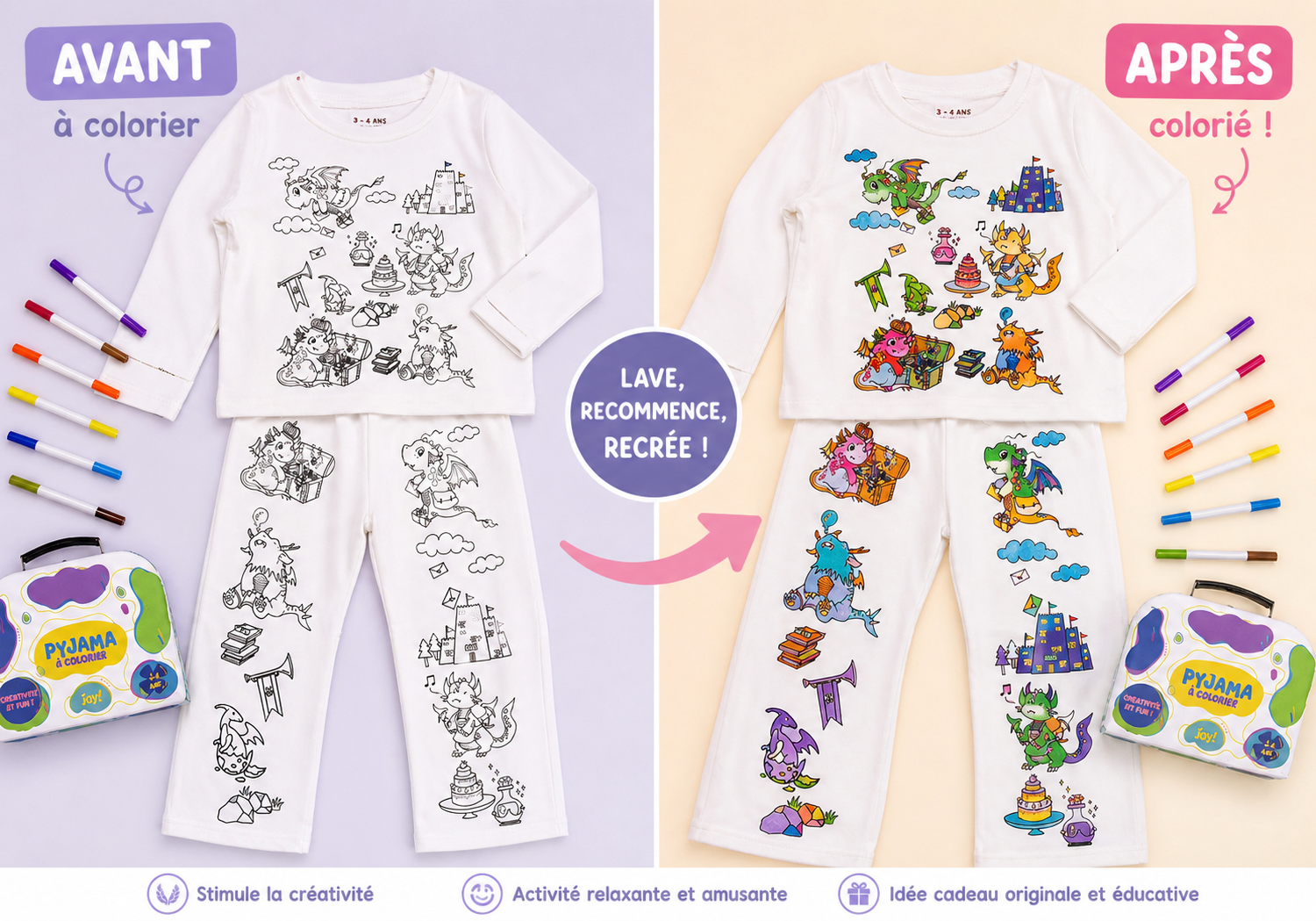 Kit Anniversaire Pyjama à Colorier Dinosaure Rigolo – Activité Créative Enfant JOY!