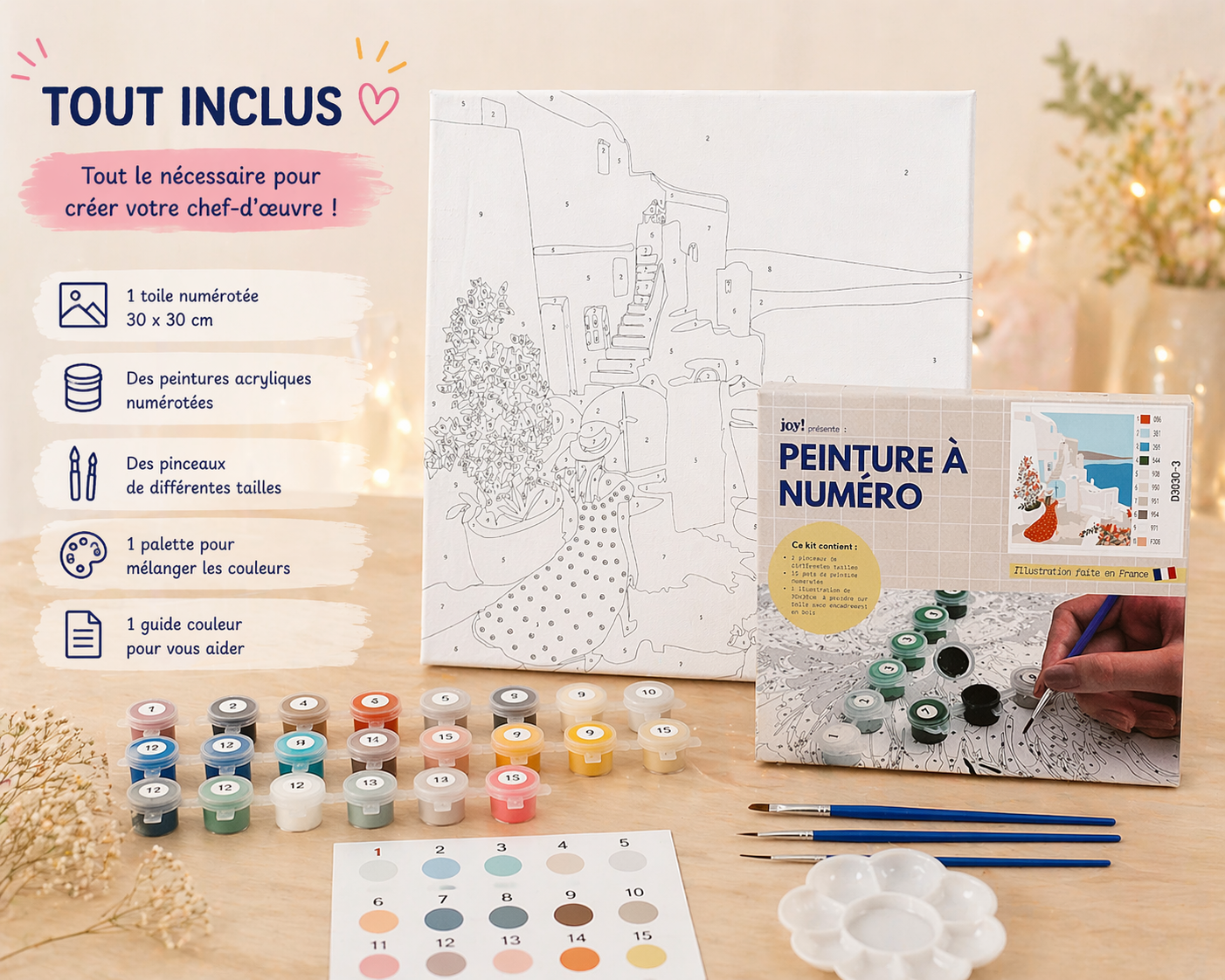 Kit Anniversaire Ado Peinture par Numéros Voyage à Santorin – Lot de 6 à 12 Kits 30x30 cm JOY!