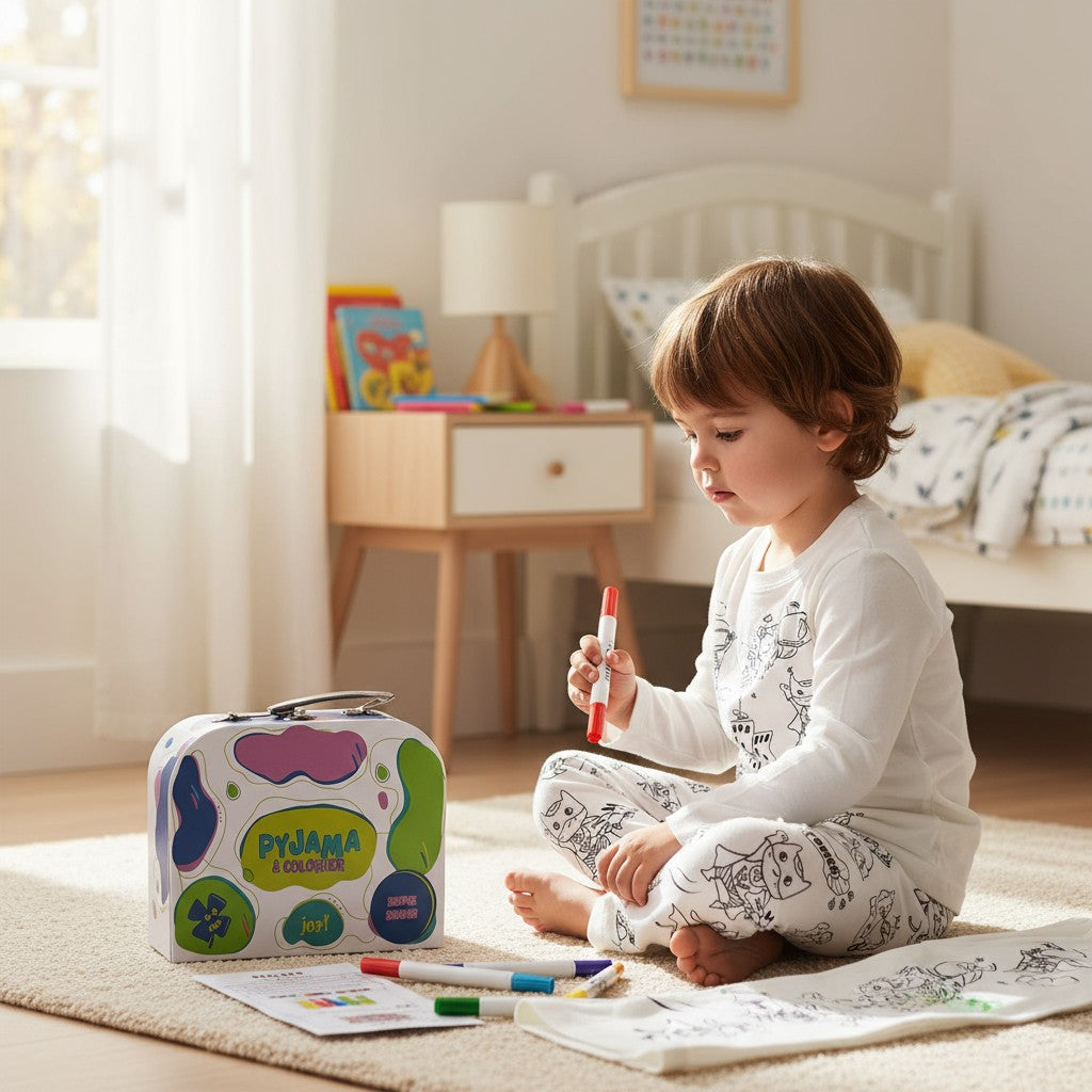 Pyjama à colorier Dinosaure Rigolo – Garçon | Coffret créatif JOY! avec feutres lavables JOY!