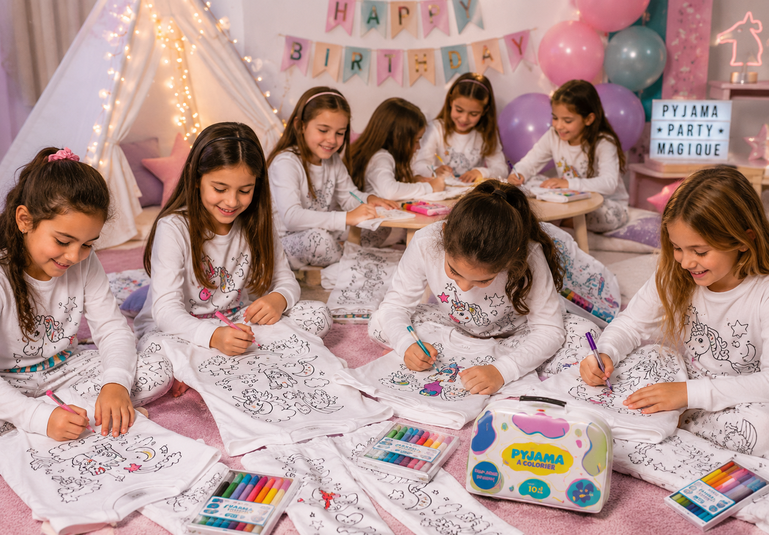 Kit Anniversaire Pyjama Licorne à Colorier – Activité Créative Sans Écran pour Enfants JOY!