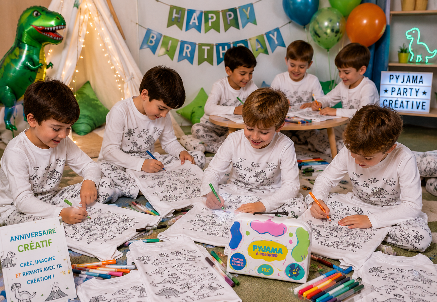 Kit Anniversaire Pyjama à Colorier Dinosaure Rigolo – Activité Créative Enfant JOY!