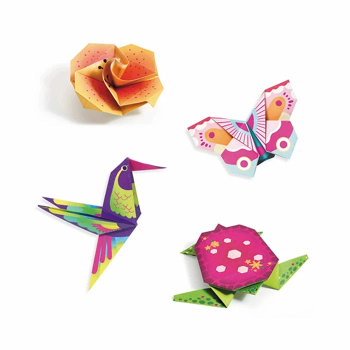 Figurines et animaux tropicaux réalisés avec le kit Origami Djeco