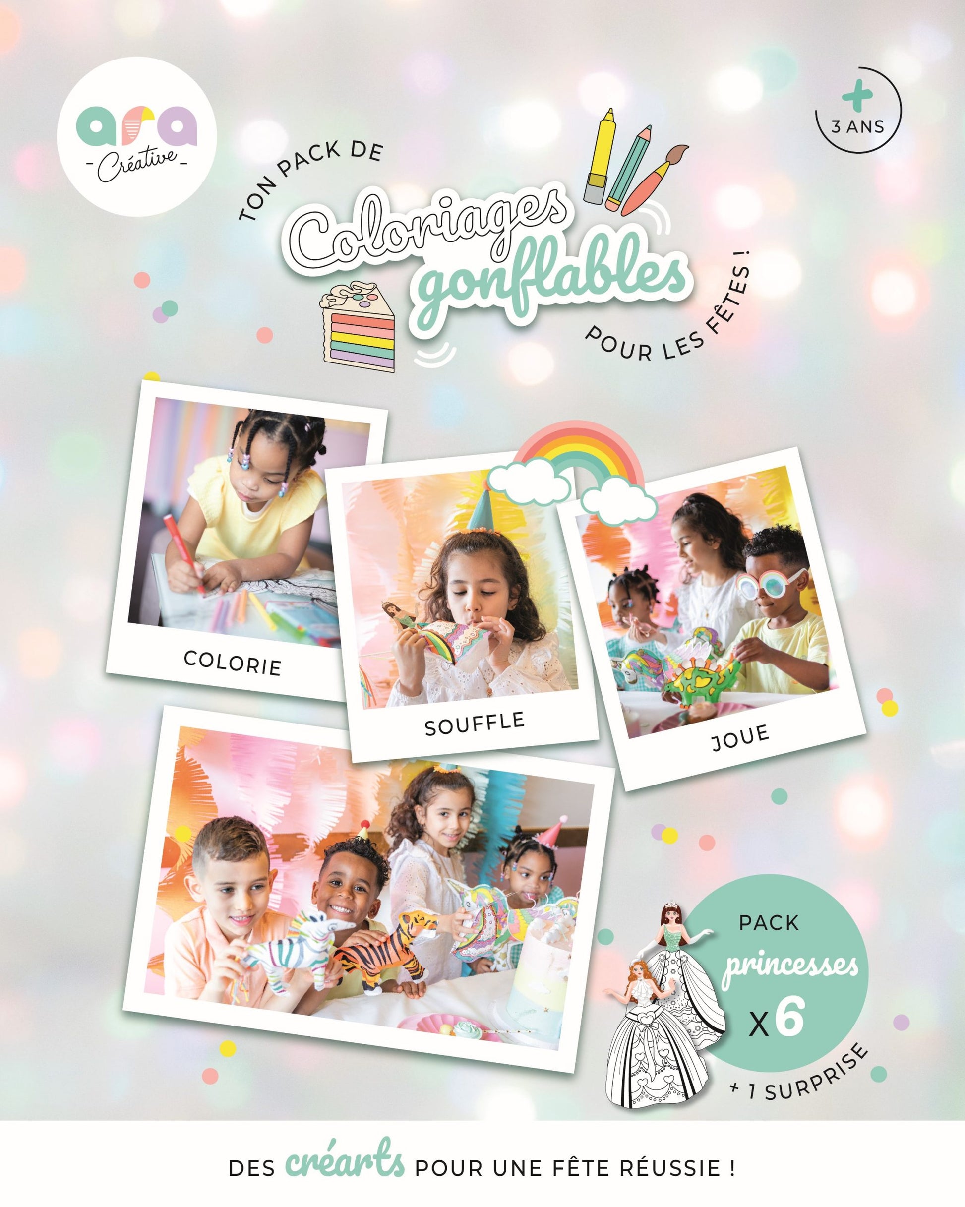 Pack Anniversaire Ballons à Colorier Princesses (x6 Créarts coloriages) Ara-Créative