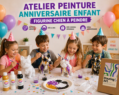 Kit Anniversaire DIY Pouring Art Bouledogue 33 cm – Figurine Géante à Peindre (Lot de 4 à 14) JOY!