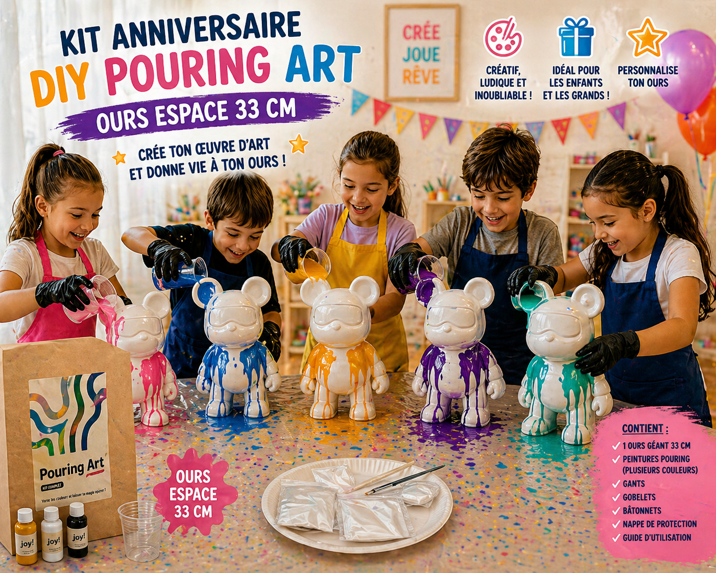 Kit Anniversaire DIY Pouring Art Ours Espace 33 cm – Figurine Géante à Peindre (Lot de 4 à 12) JOY!