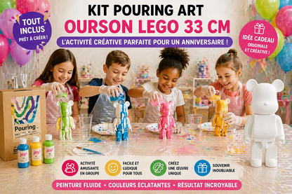 Kit anniversaire DIY Pouring Art Ourson Lego – Lot de 4 à 12 figurines à peindre JOY!