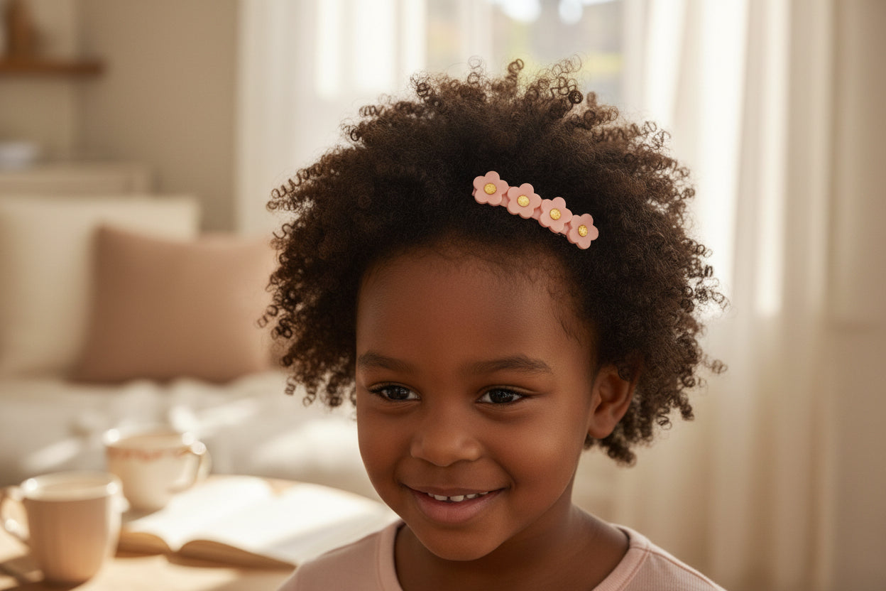 Barrette Fleur Pêche – 3 fleurs pêche & cœurs dorés LA PETITE EPICERIE