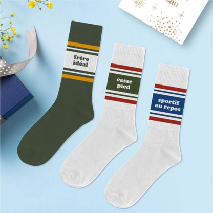 Coffret Trio Chaussettes Homme Fantaisie – Frère Idéal / Casse-Pied / Sportif au Repos (39/45) JOY!