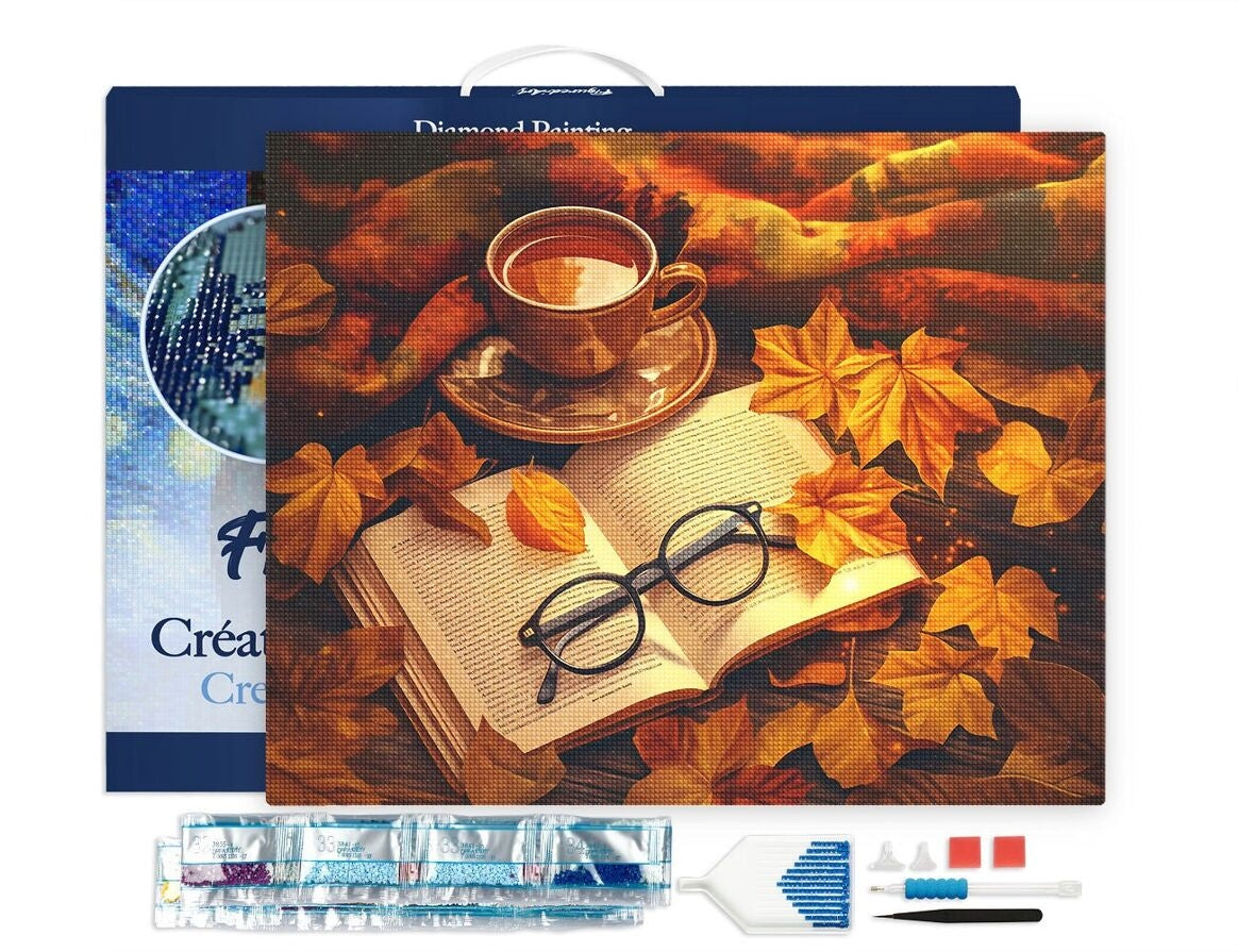 Broderie diamant 40x50 cm Thé et Livre en Automne Figured'Art avec toile montée sur châssis